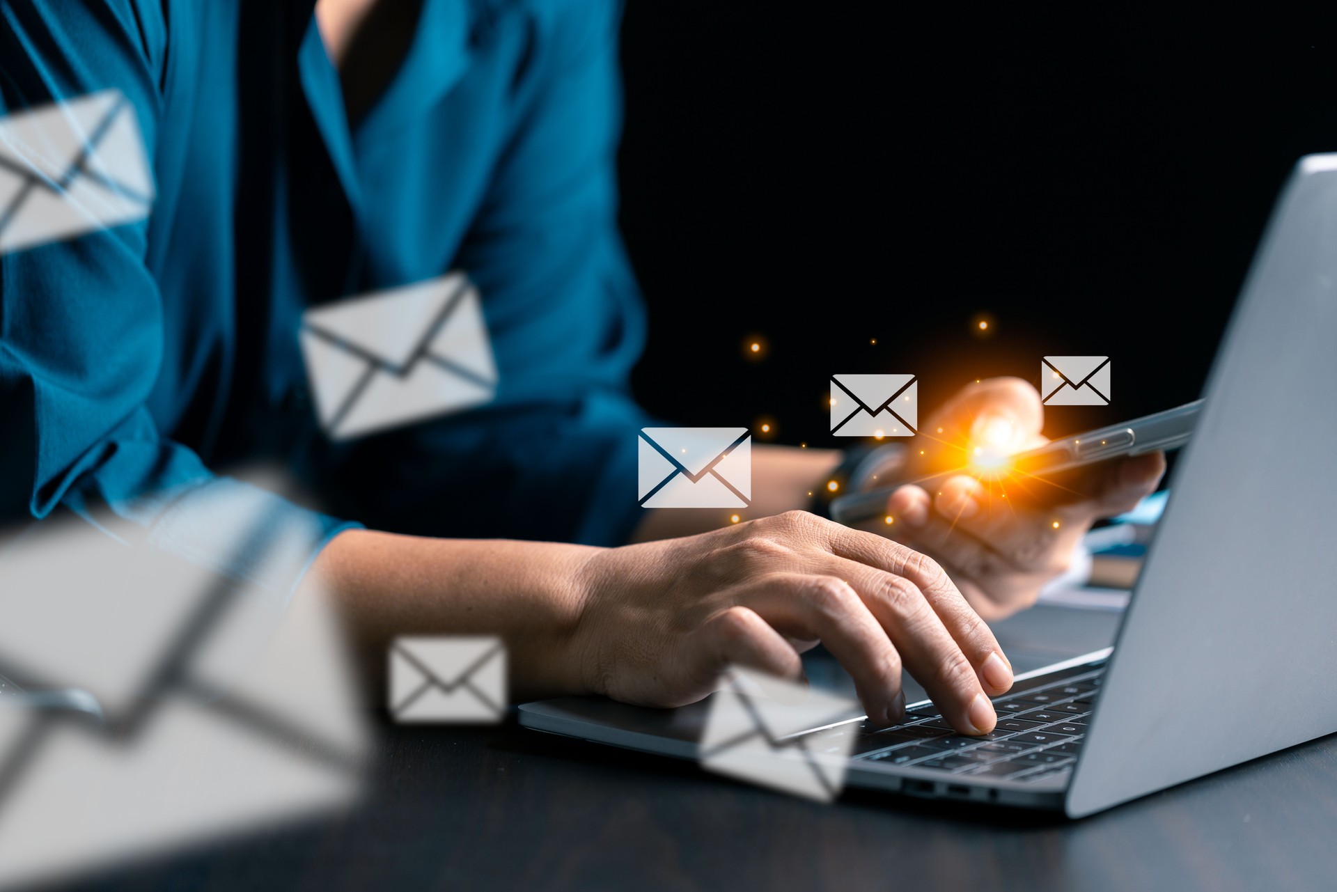 Company uses email marketing to send out engaging newsletters and promotional content through electronic mail in cyberspace, reaching customers online. email, mail, content, marketing, newsletter.